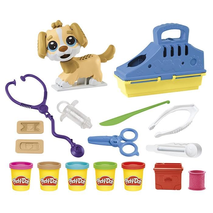 Play-Doh Veterinarian Playset with toy dog, carry case, and many accessories, 10 tools and 5X modeling compound in colorful shades, creative fun for kids ages 2 and up.