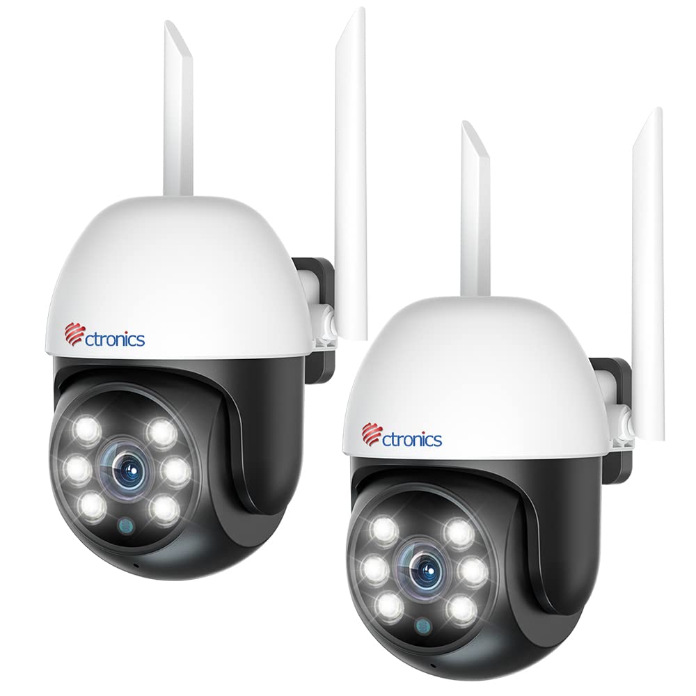 Ctronics PTZ Outdoor Surveillance Camera Set with Auto Tracking, Color Night Vision, Person Detection, 1080P Wireless IP Camera Outdoor WiFi, 350°/90° Pan/Tilt, 2-Way Audio, Cloud Storage.