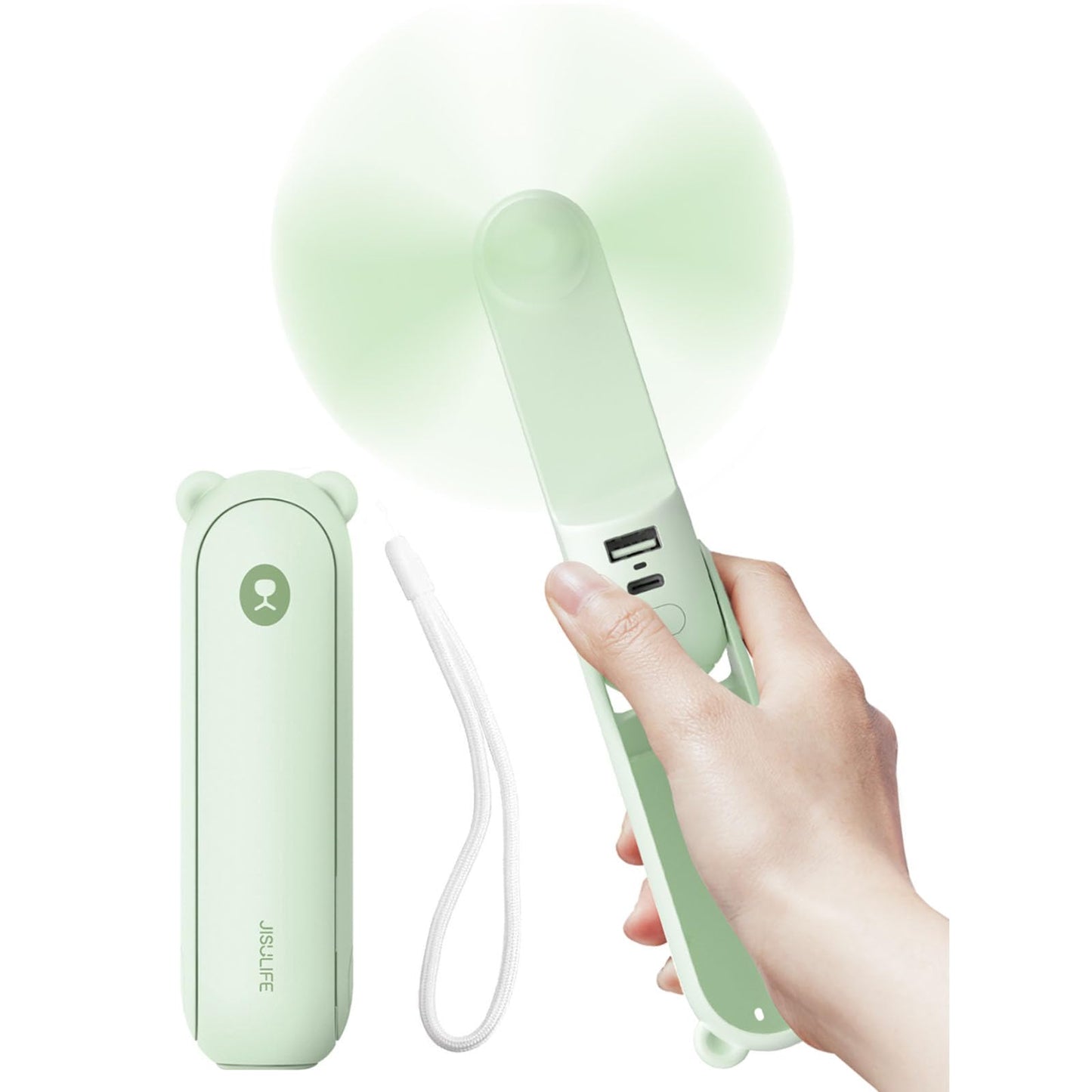 JISULIFE Handheld Fan Mini Fan 3 IN 1, with 4500 mAh Power Bank USB Battery Small, Battery Operated Max 37Hrs Runtime Portable Fan, Flashlight Function - Green