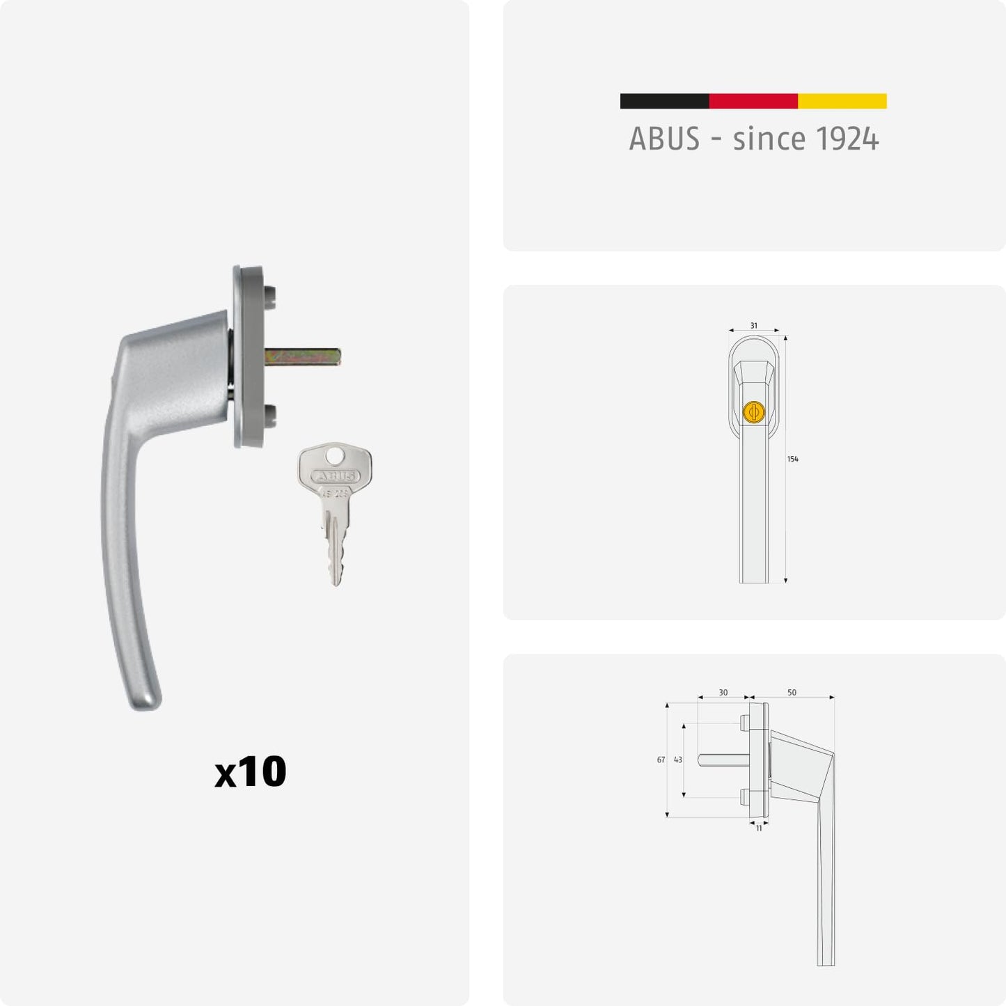 ABUS Lockable Window Handle FG200 AB208-10pcs Set - Window knob with cylinder lock, keyed alike - ABUS security level 3-88561 - Silver