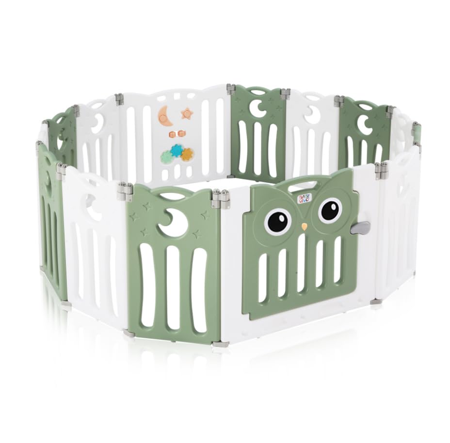 Baby Vivo Playpen Play Yard Foldable Baby Playpen Crawl Gate Safety Gate for Kids made of plastic with door and toys 14 elements in Green - Owl