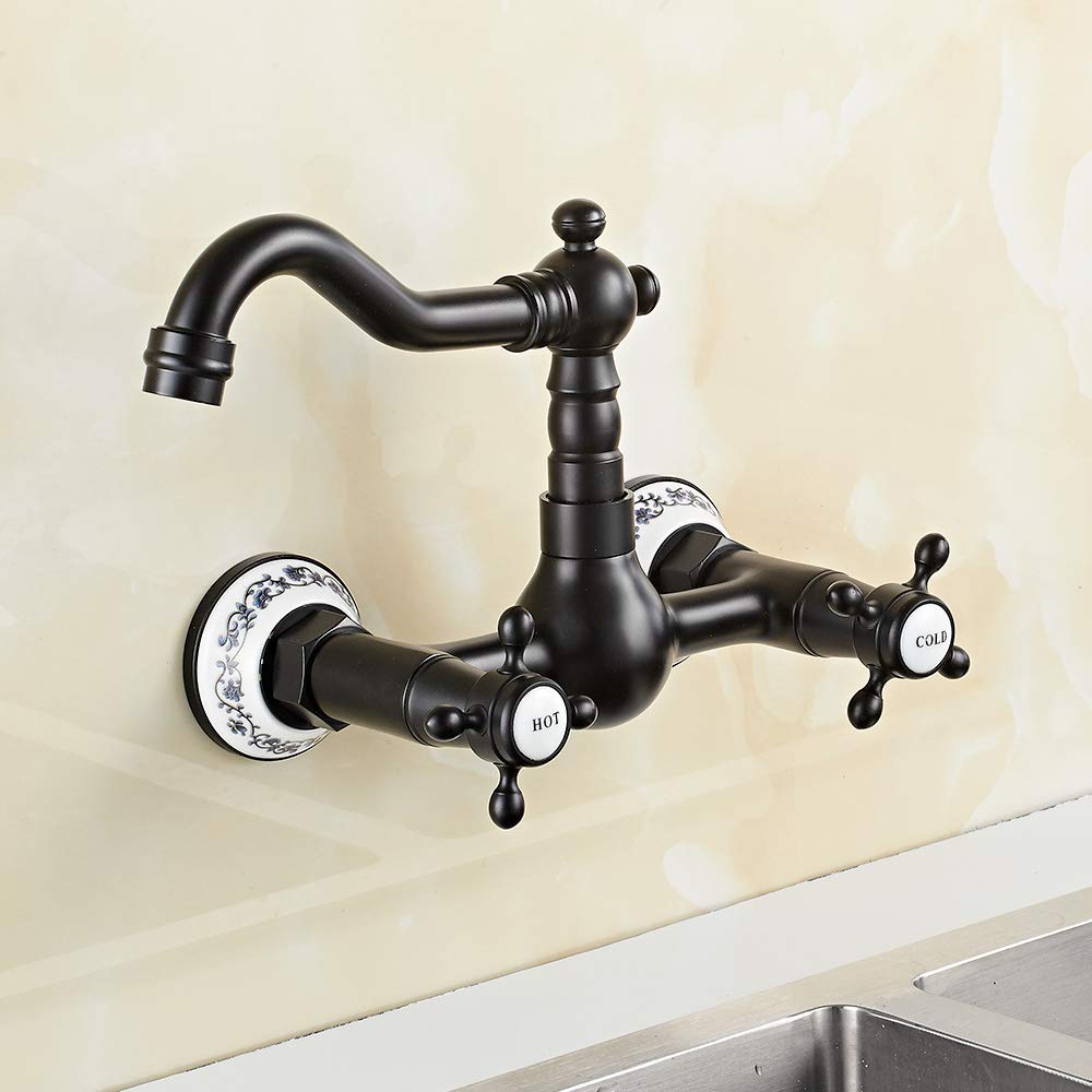 360° Rotatable Wall Mount Kitchen Faucet Brass Antique Wall Mounted Double Handle Sink Faucet Basin Faucet Water Tap Wall Bathroom Faucet Retro Basin Mixer for Kitchen (Black)