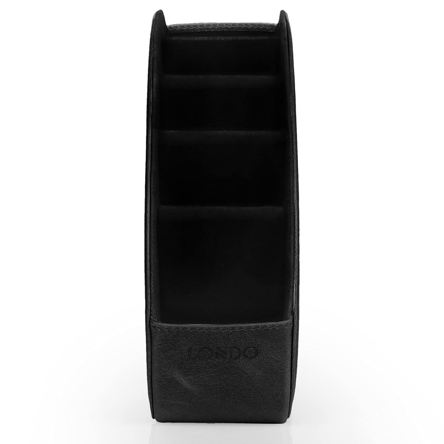 London Remote Control Holder with 5 pockets - space for DVD, Blu-Ray, TV, or Apple TV remotes - Italian genuine leather with suede lining - slim compact for living room storage.