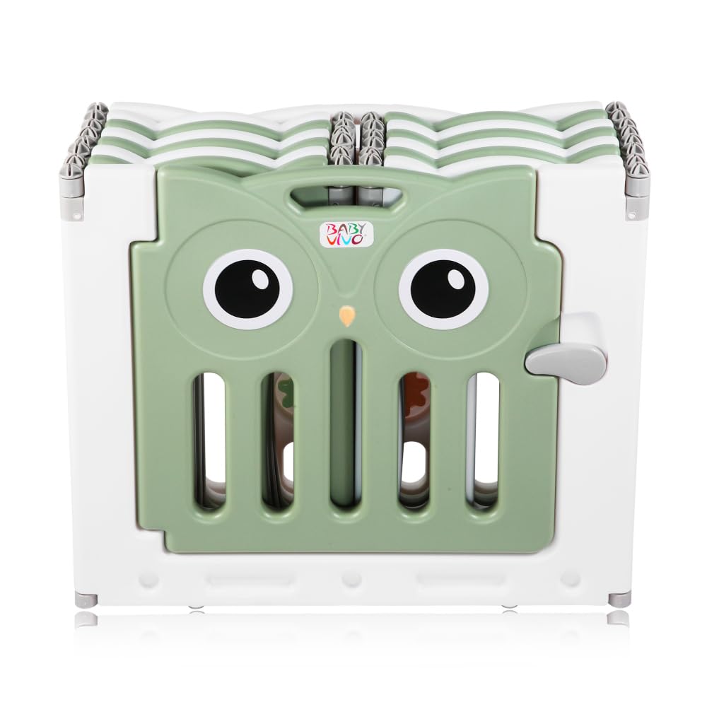 Baby Vivo Playpen Play Yard Foldable Baby Playpen Crawl Gate Safety Gate for Kids made of plastic with door and toys 14 elements in Green - Owl