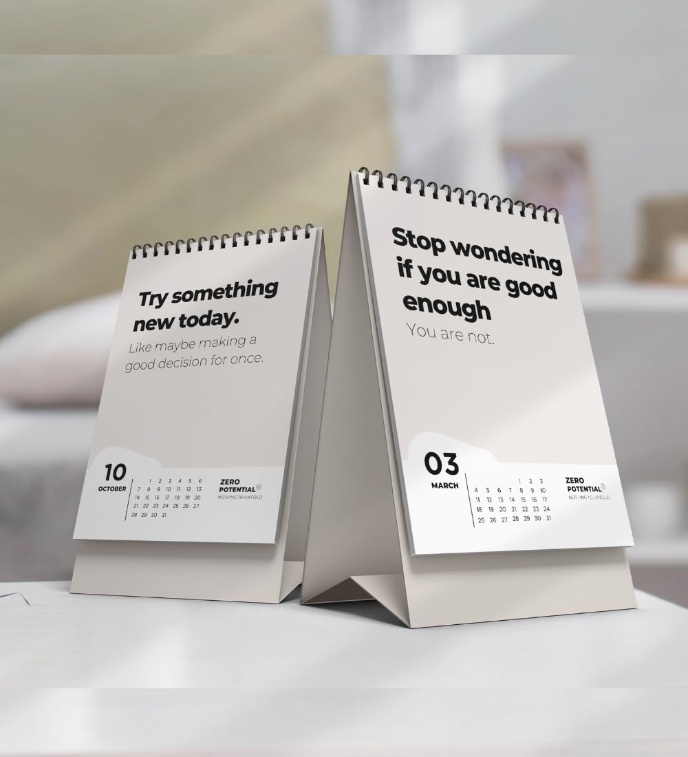Demotivating desk calendar for 2024 with monthly English quotes (Beige-English, A6)