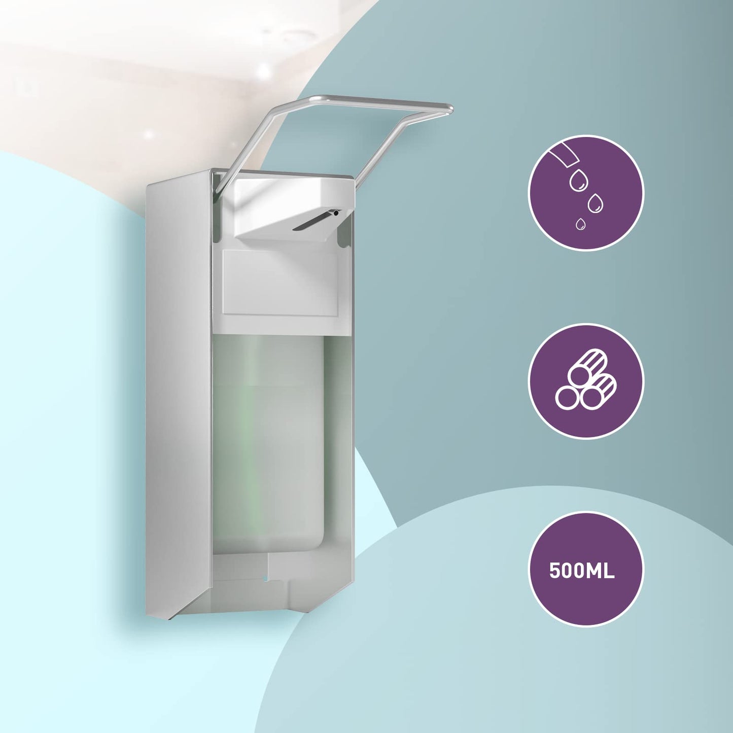 HOUSEHOLD WORLD Euro dispenser, soap dispenser wall mount, soap dispenser with elbow press for disinfectants and hand soaps, white soap dispenser, aluminum, 500 ml.