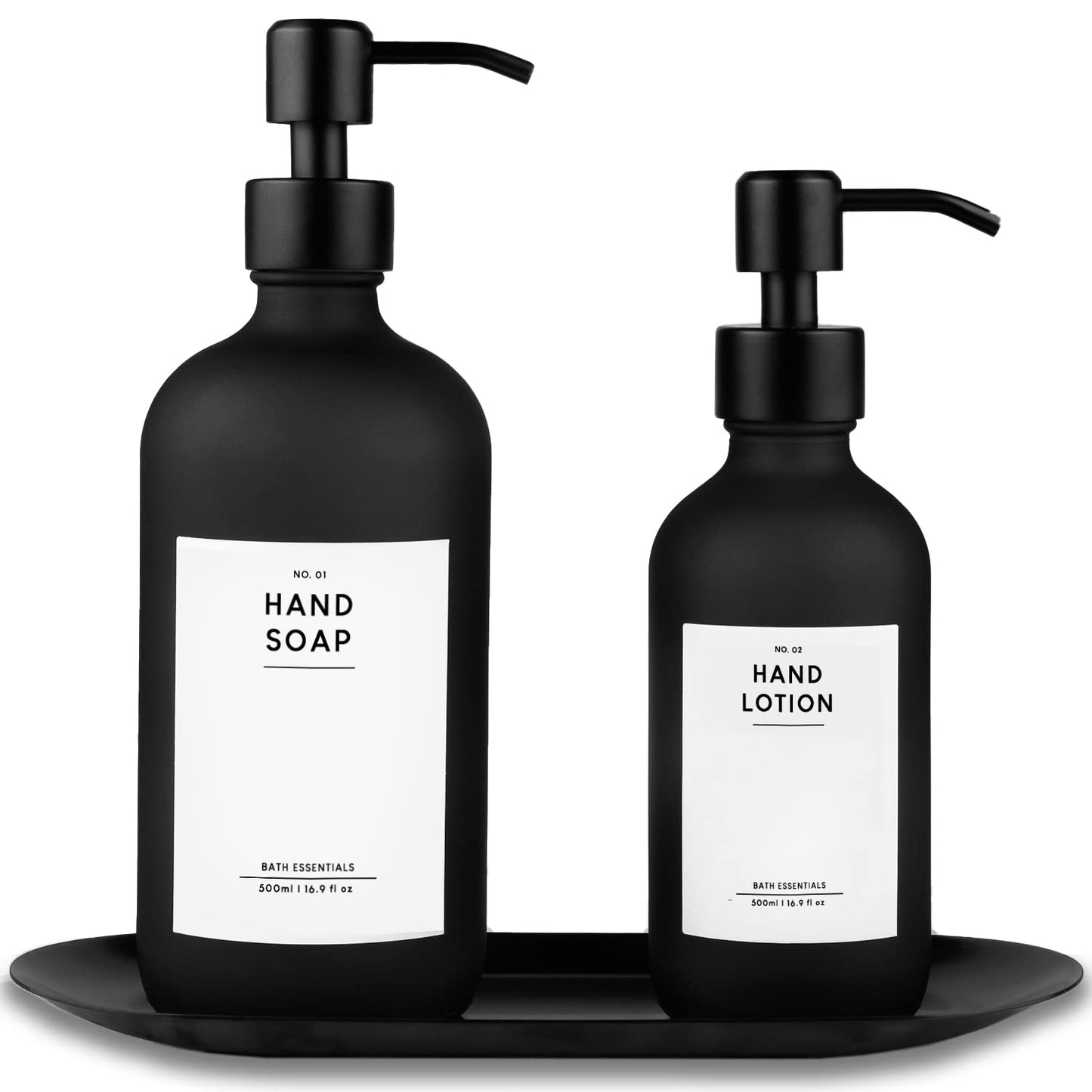MONOKO 2-pack soap dispenser in black matte glass with tray | 500/250ml kitchen dish soap dispenser | refillable bottles | stainless steel pump head | pump bottle + sticker