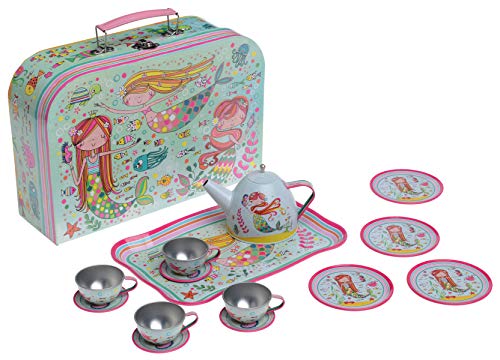 Jewelkeeper - Tin Tea Set for Girls & Carry Case, Kids Pretend Play Kitchen Toy Set, 15 Pieces - Mermaid Design