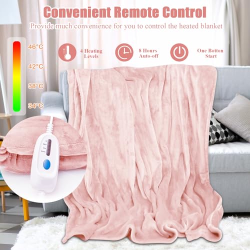 HOMASIS Electric Heated Blanket, with automatic shut-off, 4 heat settings, 8-hour timer, PTC/NTC overheat protection, remote control, machine washable Flannel Warming Blanket (Pink, 130x180cm)