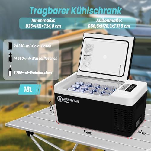 WANNYTON Compressor Cooler 18 liters, electric cooler 12V 240V, camping fridge with memory function, with USB connection drink holders, portable freezer for car home