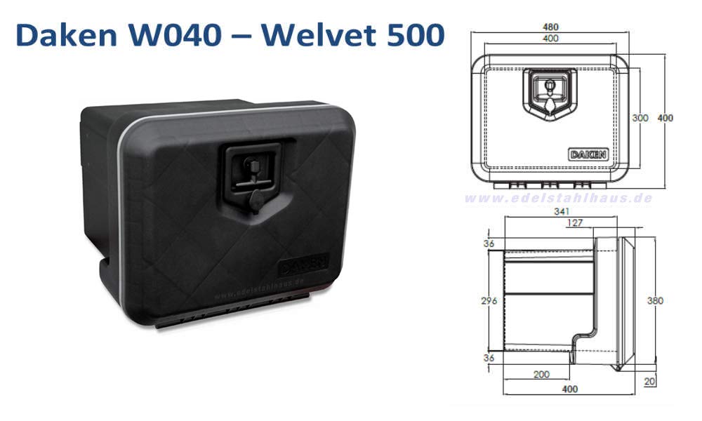 Plastic truck storage box 480x400x400mm, 39 ltr, stainless steel tool box, Daken W040.