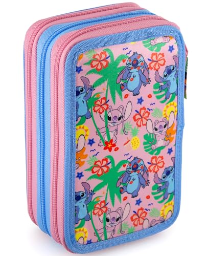 Clondo pencil case for kids, for Stitch and Angel Kiss fans, 3 organized compartments, filled pencil case for boys and girls, 45 pieces for school.