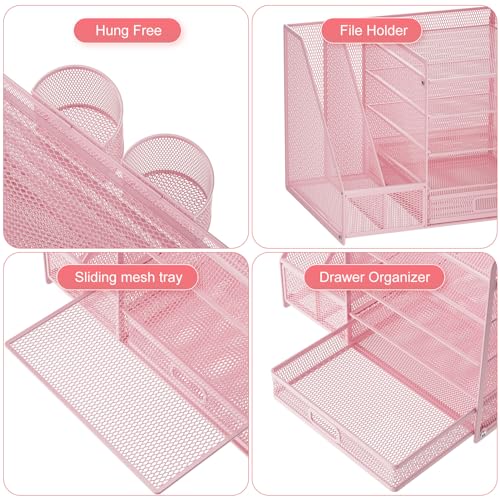 Marbrasse Desk Organizer with File Holder, 5 Compartments, Paper and Letter Tray, with Drawer and 2 Pen Holders, Mesh, Storage with Magazine Rack for Office Supplies, Pink