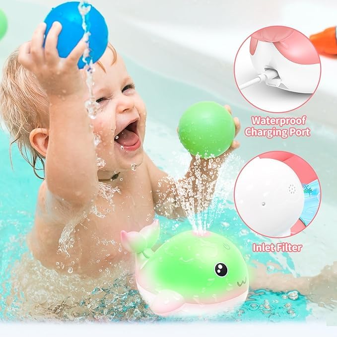PHNIXGAM Baby Bathtub Toy, Rechargeable Light Up Whale Bath Toy Sprinkler Bath Pool Water Fountain Toy for Toddlers Kids, Pink