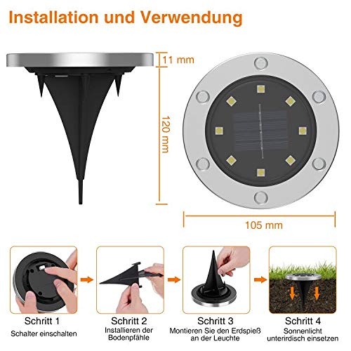 Infray solar lights for garden, solar ground lights with 8 LEDs, outdoor solar lamps IP65 waterproof, solar pathway lights cold white 8 pack.