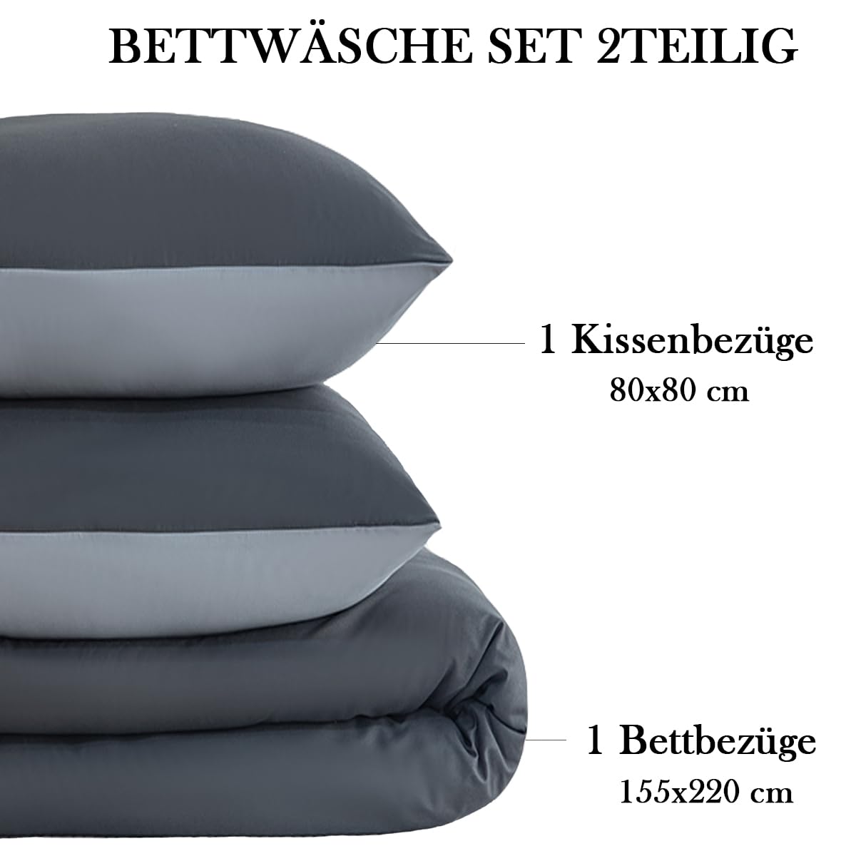 Nesture bedding set 155x220 2 pieces Anthracite/Grey bedding sets Microfiber reversible duvet cover 155 x 220, soft & wrinkle-free 1 duvet cover + 1 pillowcase 80x80cm with zipper