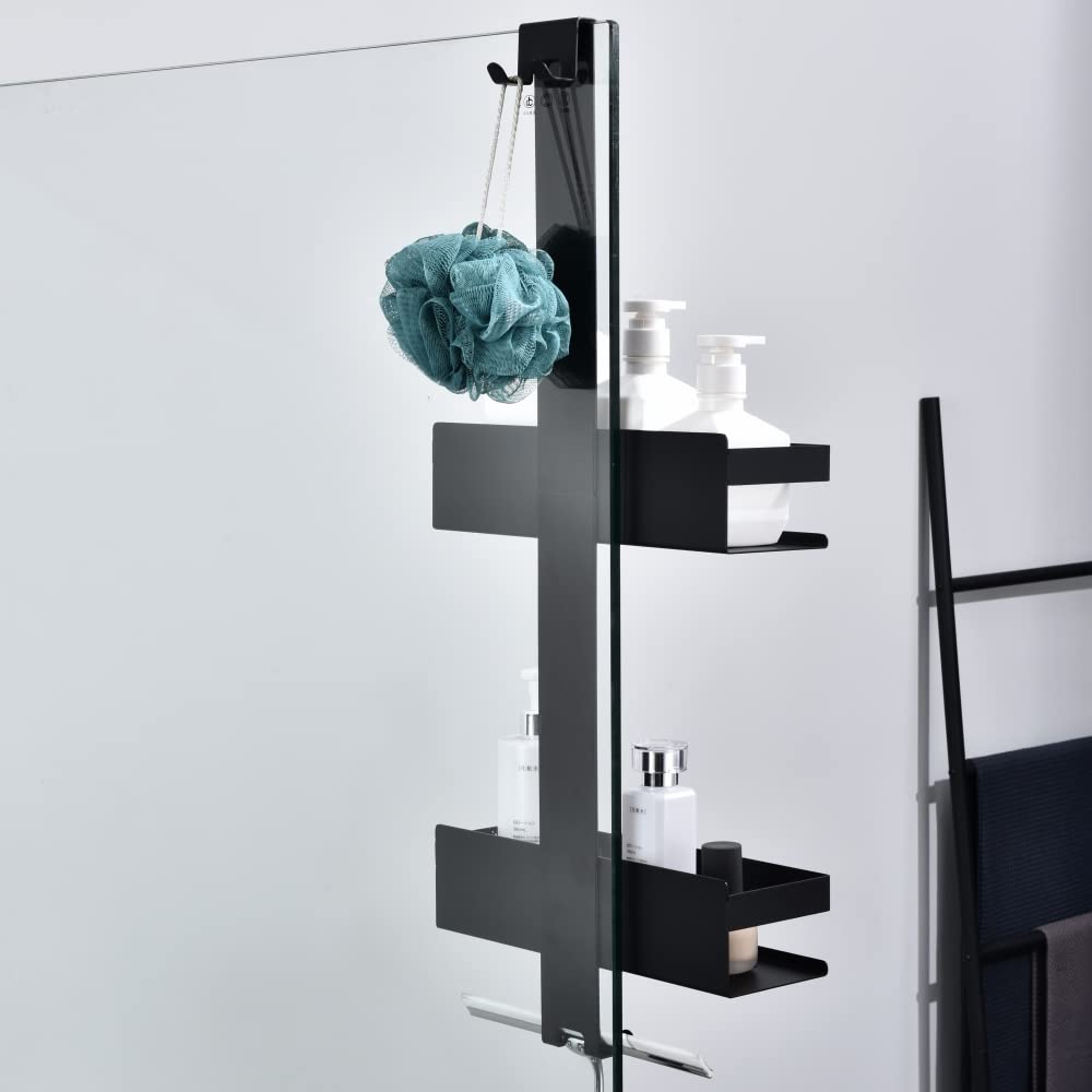 HomeHeng hanging shower caddy, 2-tier shower shelf in matte black, SUS304 stainless steel double shower basket with hooks for glass shower enclosure, H30MB-2DH