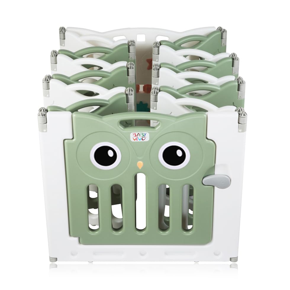 Baby Vivo Playpen Play Yard Foldable Baby Playpen Crawl Gate Safety Gate for Kids made of plastic with door and toys 14 elements in Green - Owl