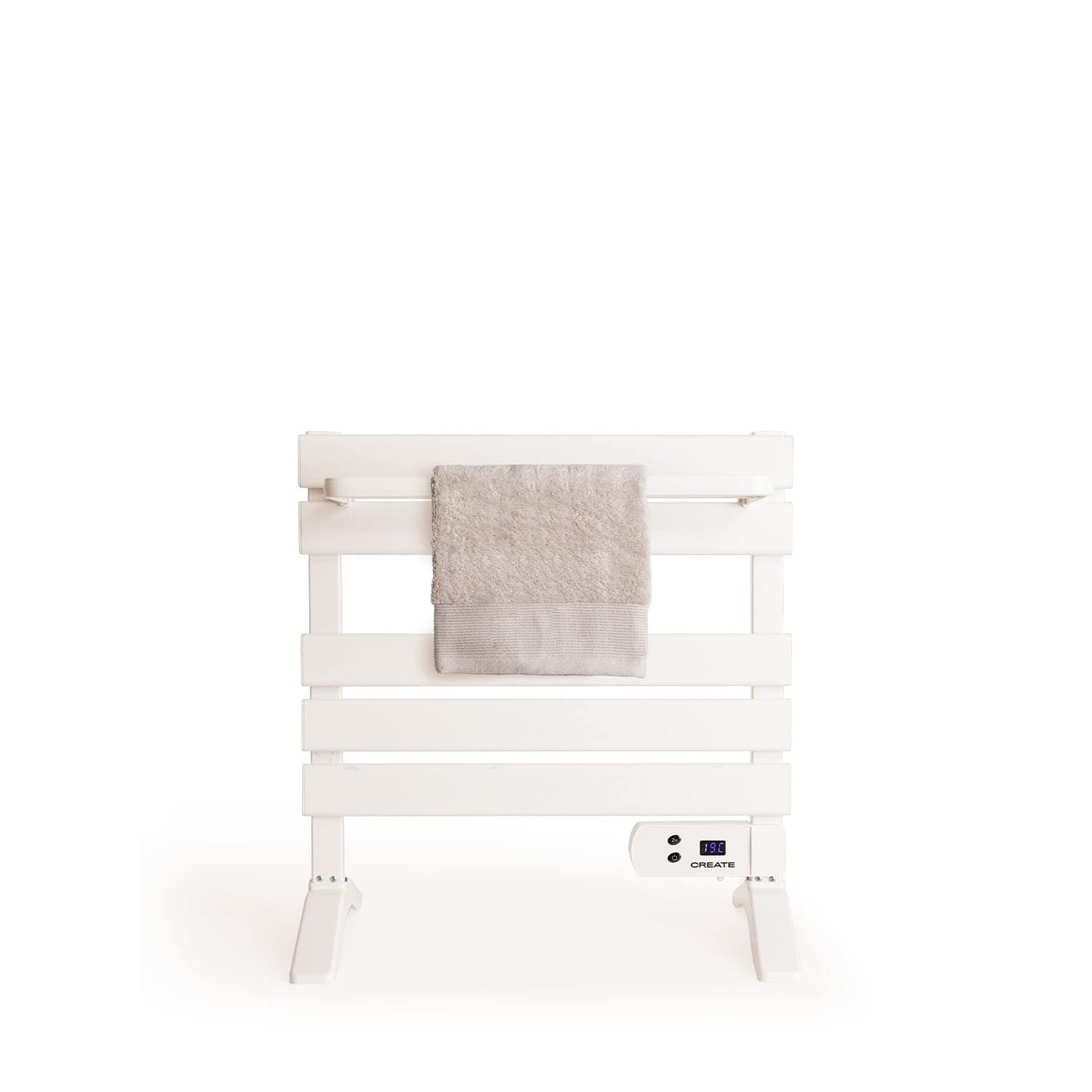 CREATE / WARM Towel Mini 150W / Electric Bathroom Heater White with Stand Feet and Shelf / 22.9x16.1x22 inches / Quiet, low consumption, LCD display, 150W
