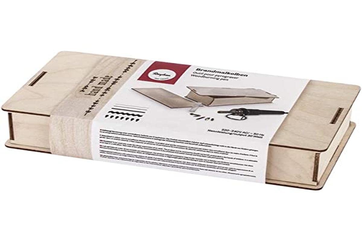 Rayher 89366000 Pyrography Iron in wooden case, small and handy tool for wood burning on wood, cork, or leather. Includes 5 different tips, 1 stand, 1 test wood piece. Black/Natural.