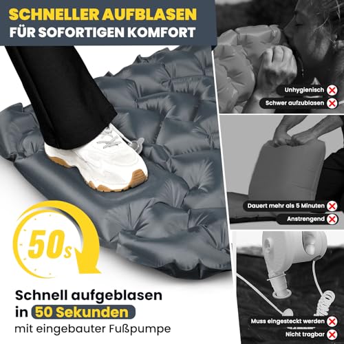 HIKENTURE Camping Isomatte Outdoor, 10cm Aufblasbare Isomatte Ultraleicht Kleines Packmaß, Sleeping Pad Schlafmatte mit Fußpumpe für Camping, Outdoor, Wandern - Grau