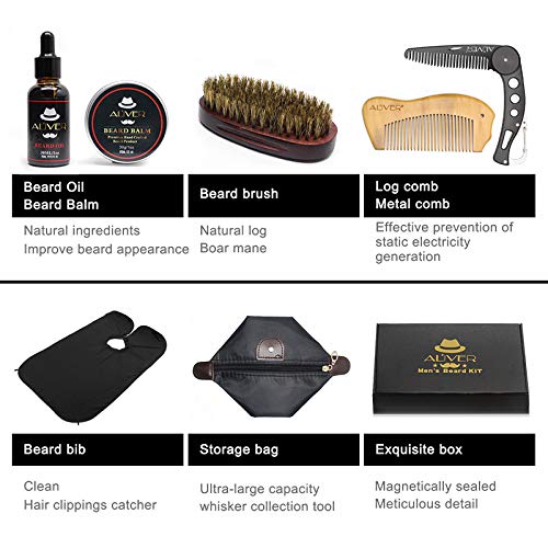Improved beard care set, 6-piece facial grooming kit with organic beard oil leave-in conditioner, bib, brush, combs, beard balm butter wax, all in a large storage pouch.
