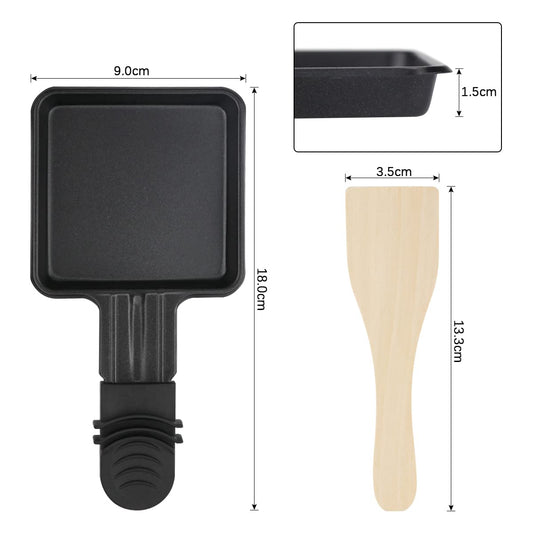 4 pieces of small pans for raclette, non-stick coated grill pans, square mini raclette with 4 wooden spatulas for raclette grill accessories.