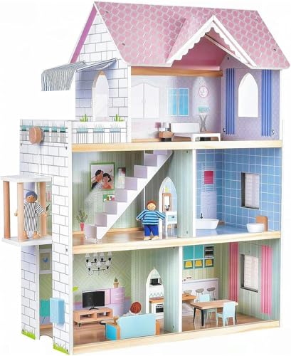 Giant wooden dollhouse, 80cm tall, with elevator, doorbell, lights, 15 furniture pieces, and 3 dolls. Toy gift for girls ages 3+.