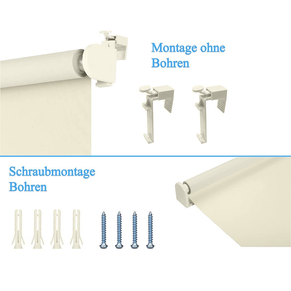 Eurohome blackout roller blind thermal blind 50x130cm (fabric width 46 cm) cream clamp fix without drilling with same color coating side pull roller blind Oeko-TEX Standard 100 clamp blind for window & door