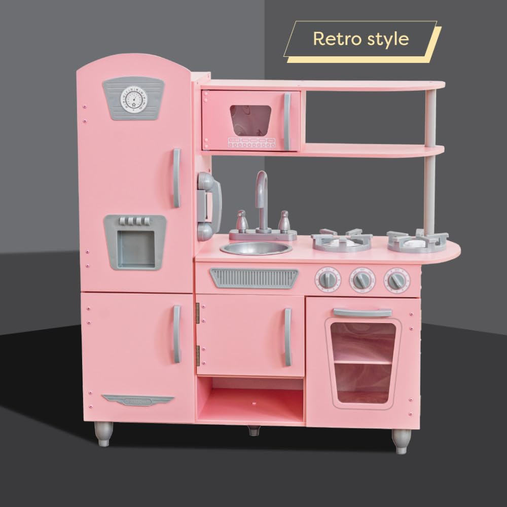 KidKraft Pink Vintage Wooden Play Kitchen with Kids Phone, Children's Kitchen with Retro Refrigerator, Toy for 3 years and older, 53179