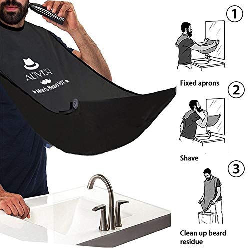 Improved beard care set, 6-piece facial grooming kit with organic beard oil leave-in conditioner, bib, brush, combs, beard balm butter wax, all in a large storage pouch.