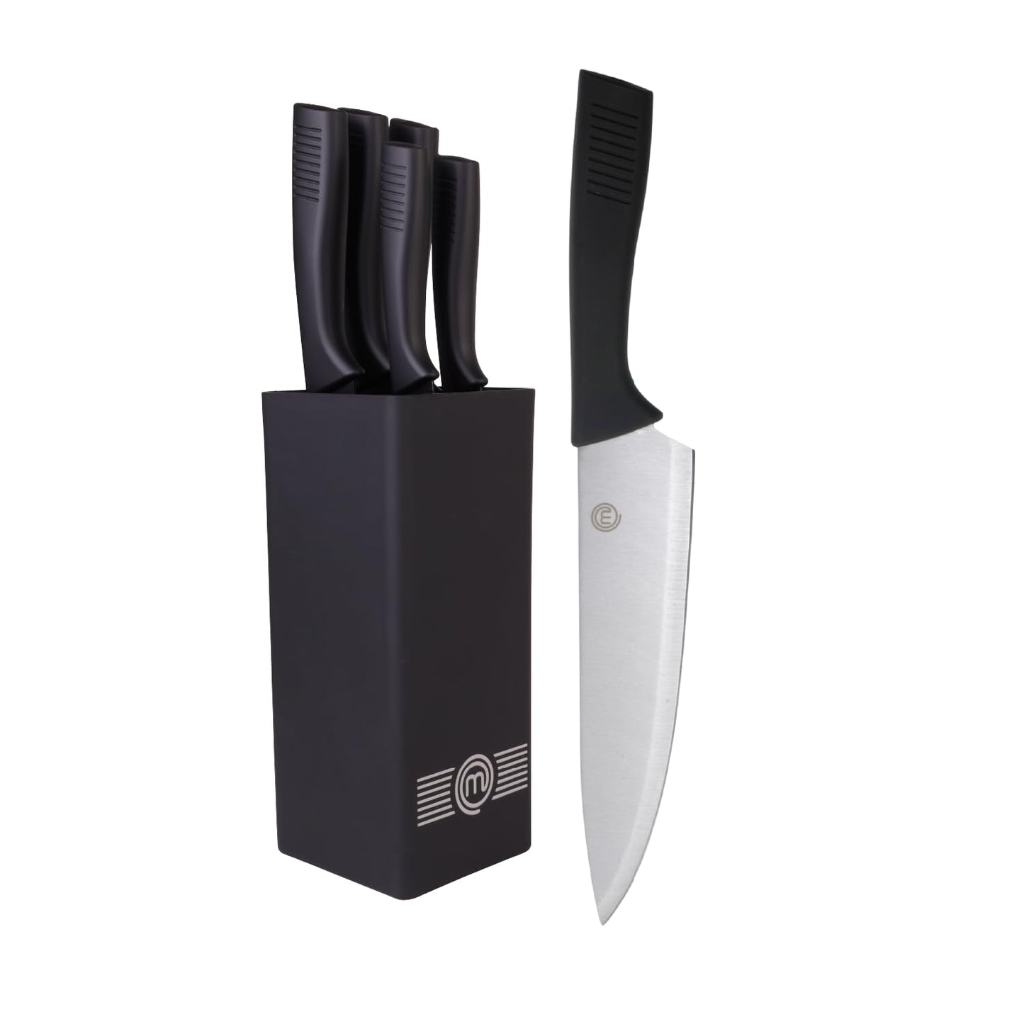 MasterChef knife block with knife cake knife set with Santoku knife, bread knife, chef's knife, vegetable knife, and utility knife, stainless steel, sharp, 5-piece, soft-touch handles.
