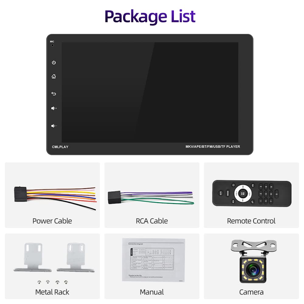 Podofo 1Din car stereo with Carplay & Android Auto, 9-inch Bluetooth single Din Android radio with iPhone Android Mirror Link/SWC/FM radio/AUX/colorful light + rear view camera