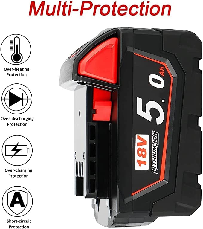 2X Waitley replacement battery 18V 5000mAh Li-ion battery for Milwaukee M18 M18B 48-11-1850 48-11-1852 48-11-1820 48-11-1860 48-11-1828 48-11-10...