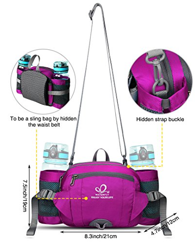 Waterfly waist pack with bottle holder, for hiking, camping, climbing, biking, or running, pink