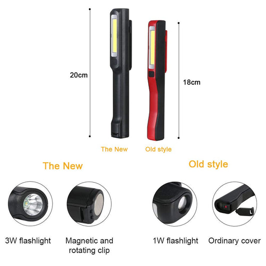 Flintronic LED work light, flashlight workshop lamp rechargeable, 3W head & COB | SOS flashing | Magnetic clip & base | 5 brightness modes for workshop-automotive-camping emergency - 2Pcs