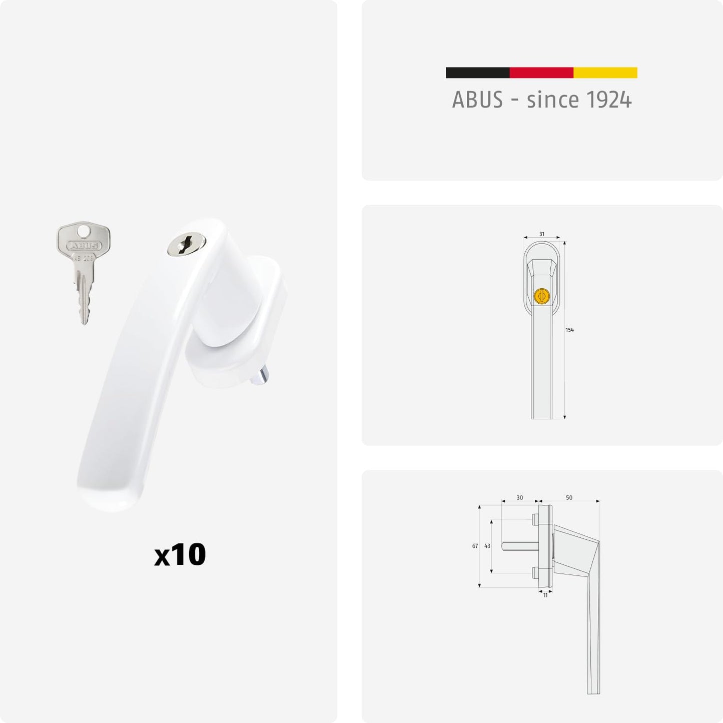 ABUS Lockable Window Handle FG200 AB208-10 piece set - Window knob with push cylinder, keyed alike - ABUS security level 3-88562 - White