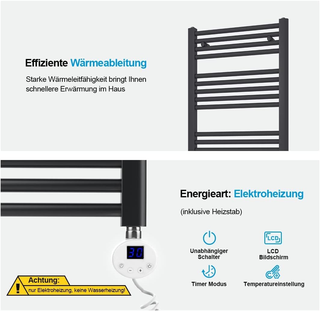 Heilmetz electric bathroom radiator 70x40cm with thermostat+timer function straight towel radiator anthracite 238W