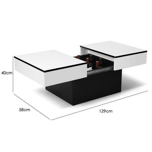 VOWNER Coffee Table, Modern Coffee Table, Extendable Desk, Living Room Table with 2 Storage Spaces, High Gloss Finish, Living Room Table 129 x 58 x 40 cm (White)
