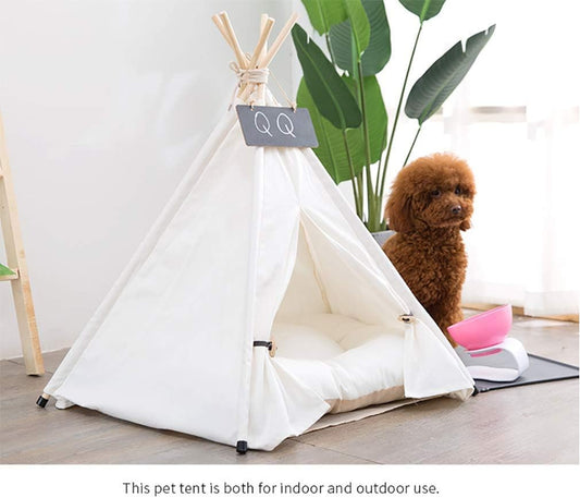 Sunnykud Teepee Tent for Pets Dog Tent Cat Tent Pet Tents Houses with Cushion Removable and Washable Pet Bed Foldable Pet Dog Bed Cat Bed (L:60x60x70cm, white)