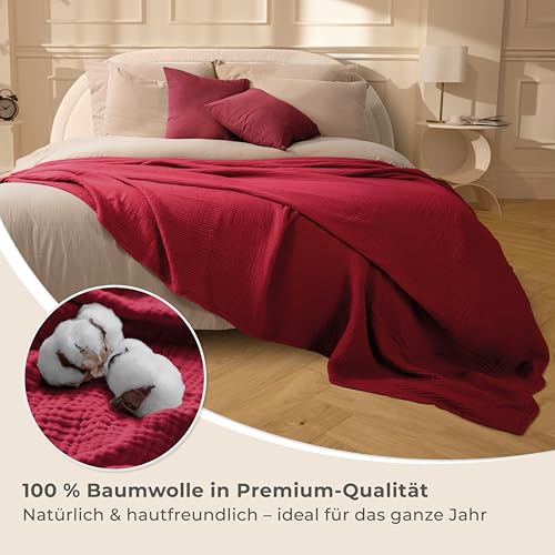 LAYNENBURG Premium Muslin Daybed 180x220 cm - 100% cotton - extra soft cotton blanket as a cuddly blanket, bedspread, sofa throw, couch throw - warm sofa blanket (Bordeaux)