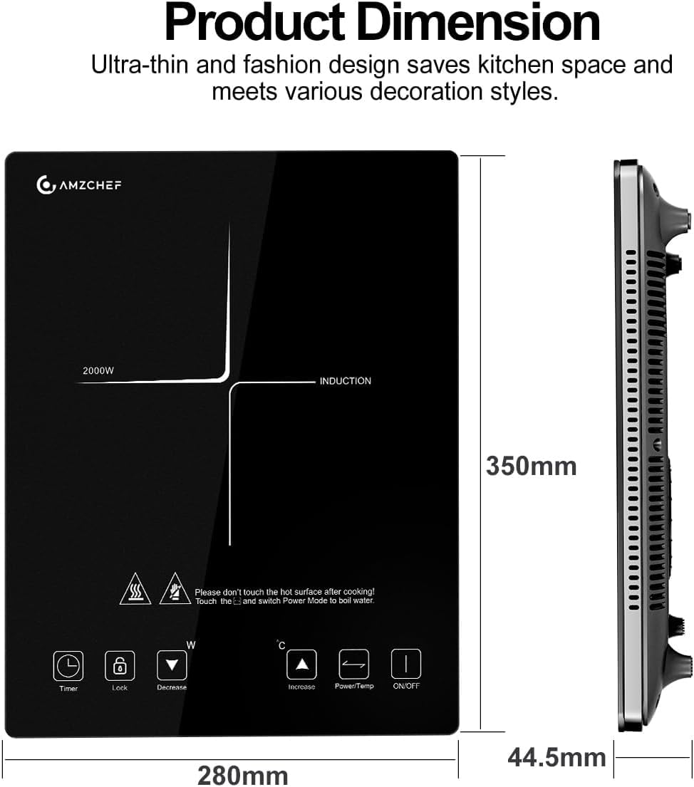 Induction cooktop 1 burner, AMZCHEF induction hot plate with ultra-thin design, 20 temperature levels and 20 power settings, 2000W induction cooktop with 3-hour timer, safety lock.