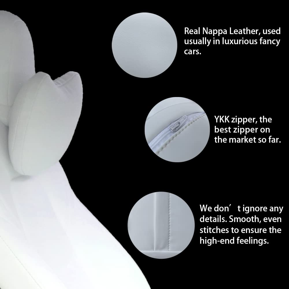 TESBEAUTY Upgraded Auto Headrest Pillow 2 Pack Genuine Nappa Leather Car Neck Pillow Tesla Model Y Model 3 Model X Model S Universal Fit Neck Support Pillow White