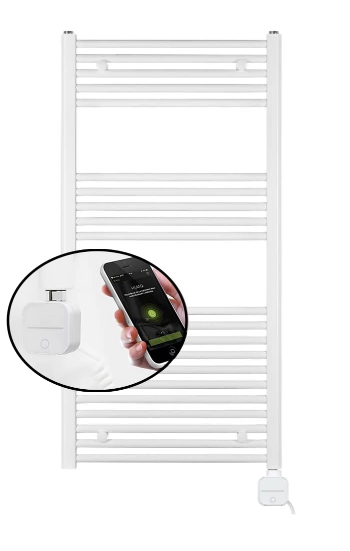 Electric bathroom radiator - WiFi control via APP - Towel radiator - Electric bathroom heating - Towel heater - Made in Germany - Curved towel warmer White 1175 × 500 mm