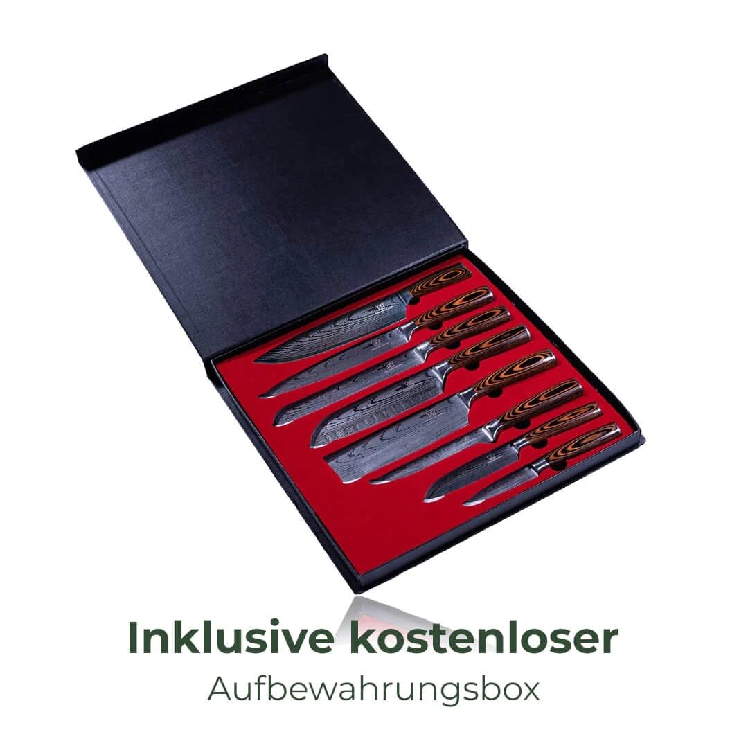 Kitchen companion - 8-piece stainless steel kitchen knife set in damask design with ergonomic Pakka wood handle and gift box - Sharp, durable knives for precise cutting - Designed in Germany.