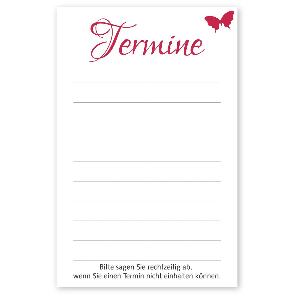 500 Foot Care - Appointment Cards PINK LADY with 10 appointment fields and stamp area on the front side.