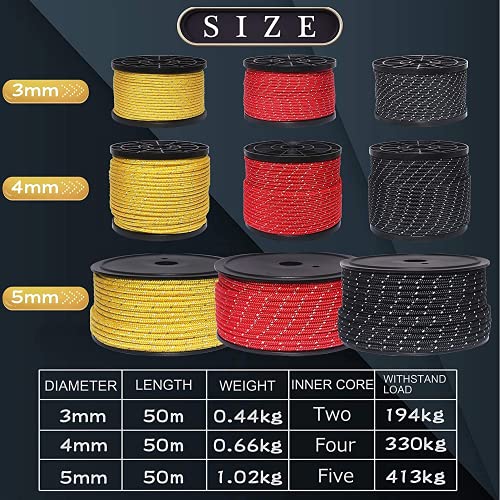 HIKIMAN 50m reflective guyline, sturdy braided nylon camping rope with aluminum tensioner, adjuster, tent accessory for outdoor travel, hiking, backpacking, and water activities.