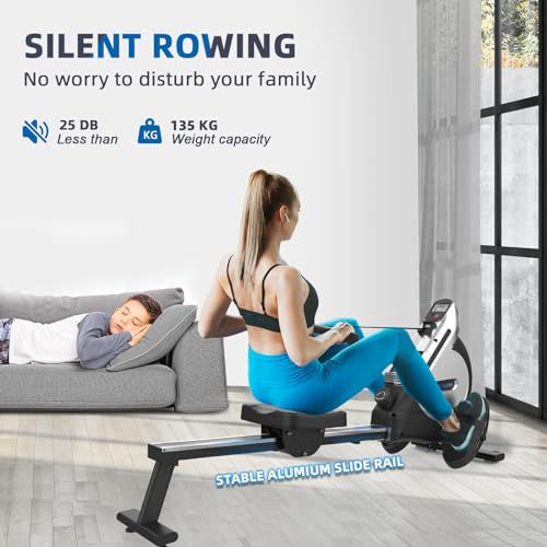 Neezee rowing machine with 16-level magnetic resistance, super silent rowing machine with LCD display, aluminum slide rail and tablet holder, improved rowing machine for home, silver.
