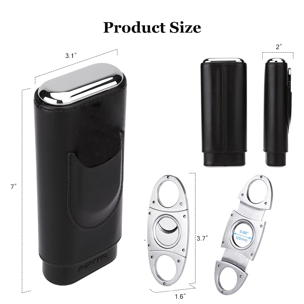 PIPITA Cigar Case Portable Travel 3 Tubes Elegant Cigar Humidor made of leather with high-end stainless steel cigar cutter Portable Gift Bag
