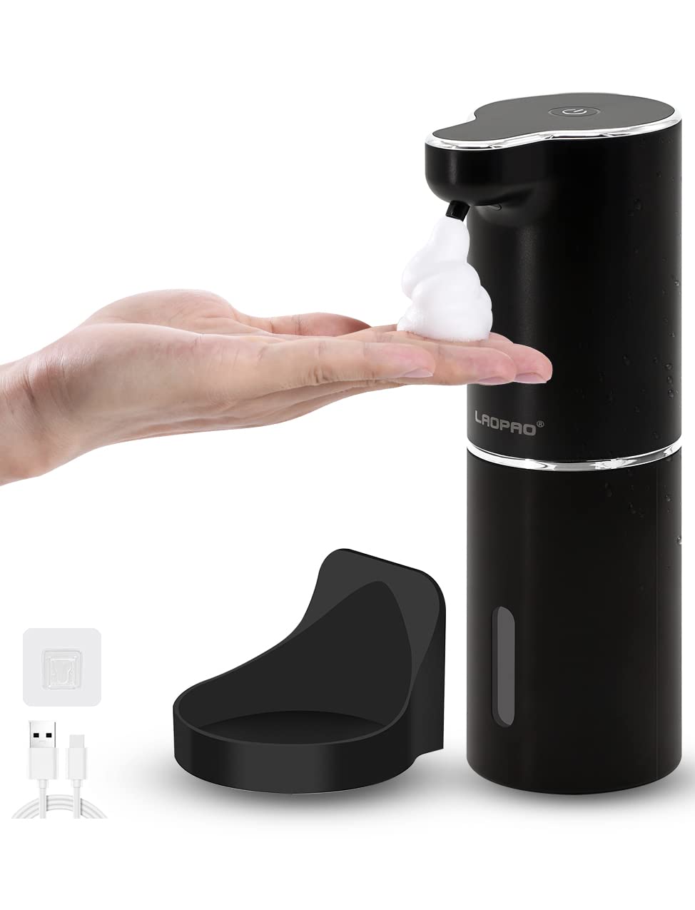 Automatic foam wall-mounted soap dispenser with sensor - LAOPAO Electric soap dispenser with induction infrared set and USB charging IPX5 waterproof, motion sensor for kitchen & bathroom (Black)